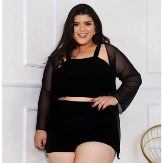 Conjunto com 3 peças Short Cropped (Blusinha) e Kimono em tule famoso da DRAPA PLUS moda plus