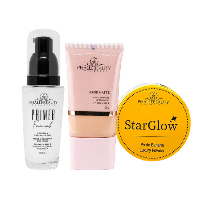 Kit Base Matte + Pó  PhálleBeauty +Primer PH0160 PhálleBeauty em Oferta na Shopee