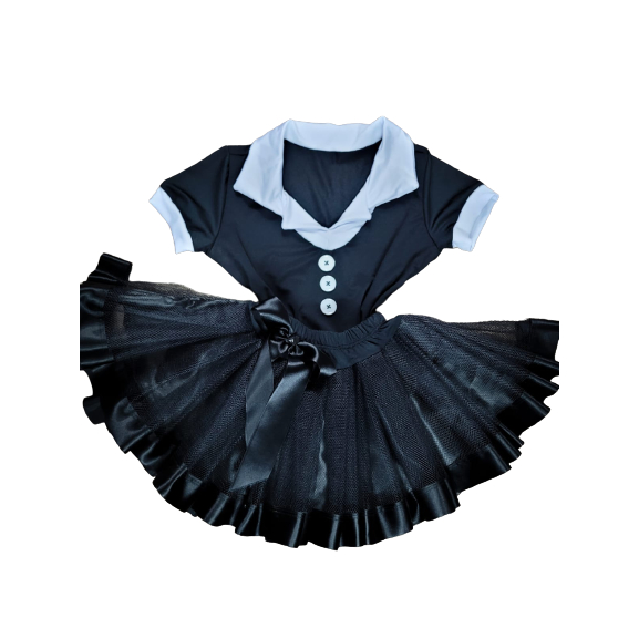 Conjunto Fantasia Infantil Saia de Tule Halloween Vandinha Wandinha Addams