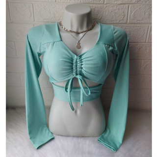 Cropped Feminino Manga Longa Vazado e Amarração Com Bojo Suplex Blusa Blogueirinha NOVIDADE