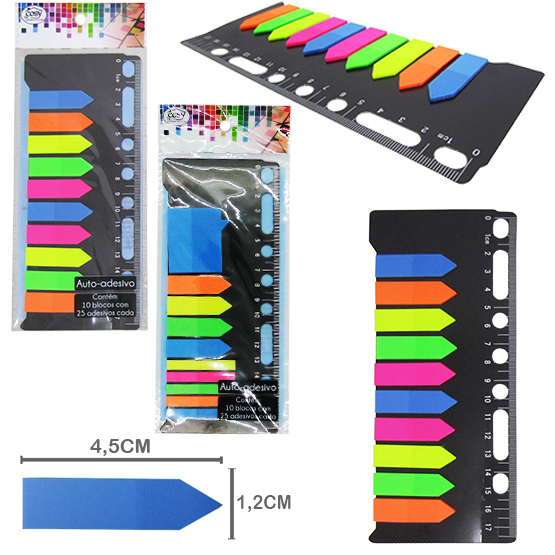 MARCADOR DE PAGINA / BLOCO DE ANOTACAO STICKER DE PLASTICO ADESIVO COM 250 FOLHAS + REGUA 17X8CM