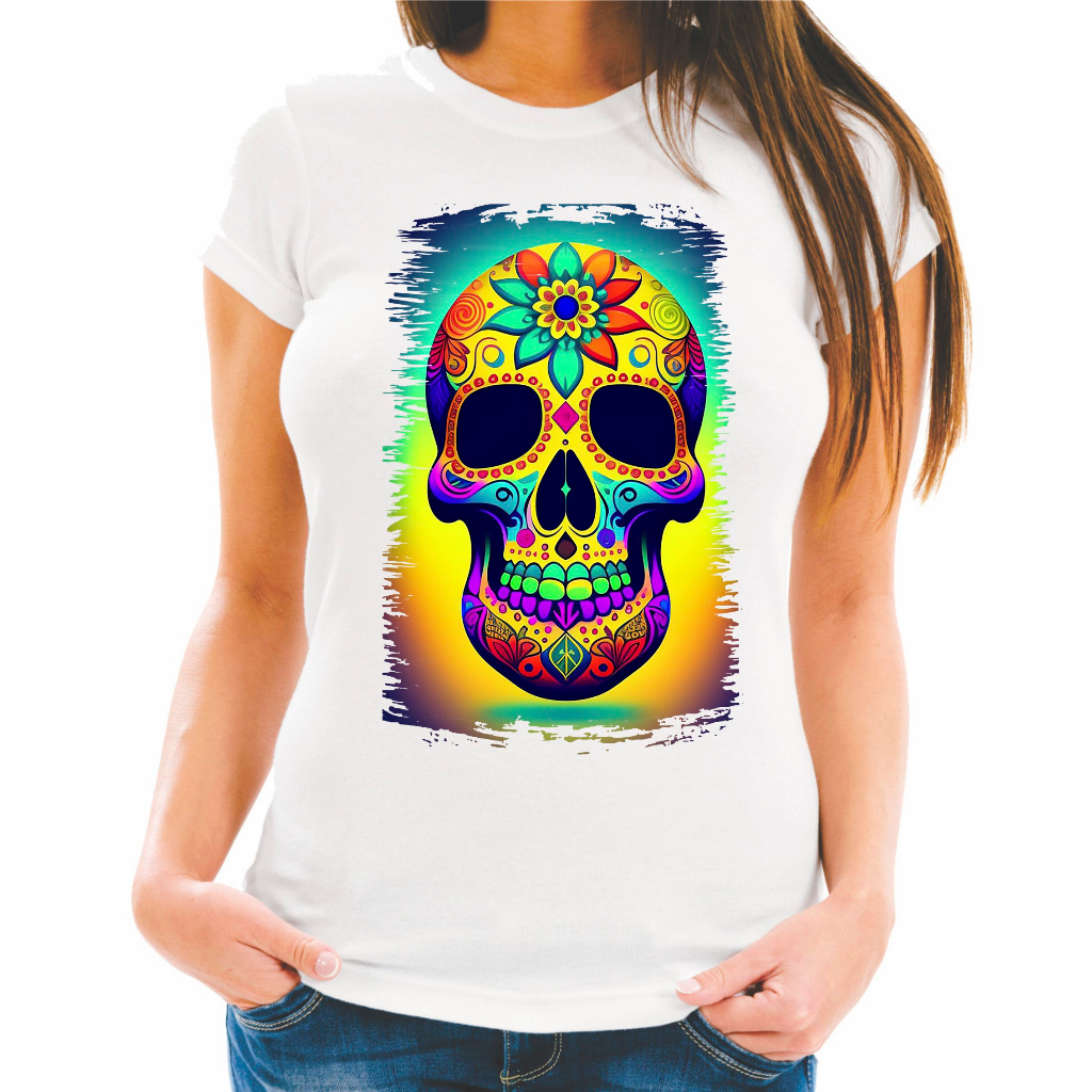 Camiseta Baby Look Raglan Feminina ou Camiseta Raglan Unissex Estampa Caveira Mexicana La Catrina 10