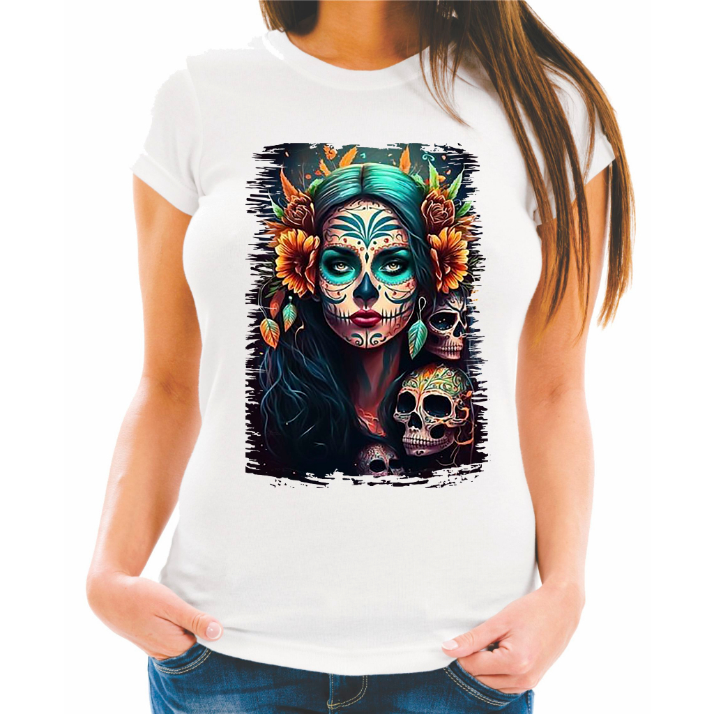 Camiseta Baby Look Raglan Feminina ou Camiseta Raglan Unissex Estampa Caveira Mexicana La Catrina 12