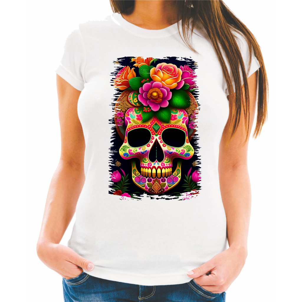 Camiseta Baby Look Raglan Feminina ou Camiseta Raglan Unissex Estampa Caveira Mexicana La Catrina 17