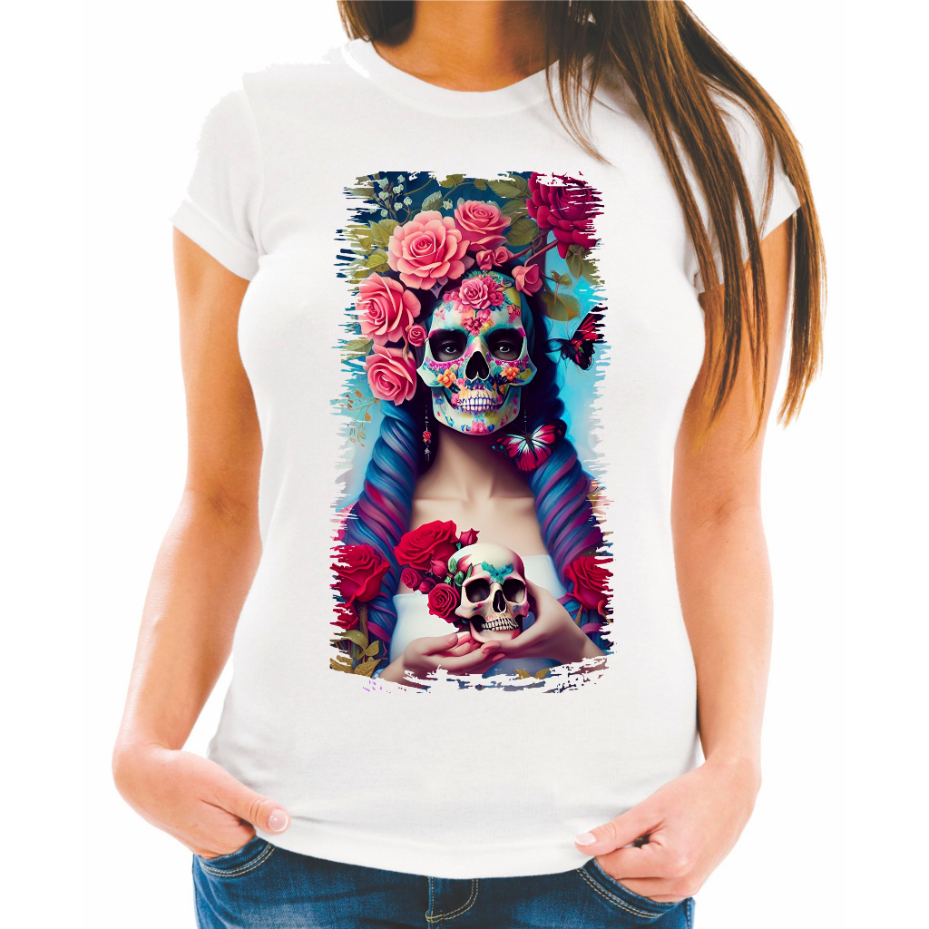 Camiseta Baby Look Raglan Feminina ou Camiseta Raglan Unissex Estampa Caveira Mexicana La Catrina 18