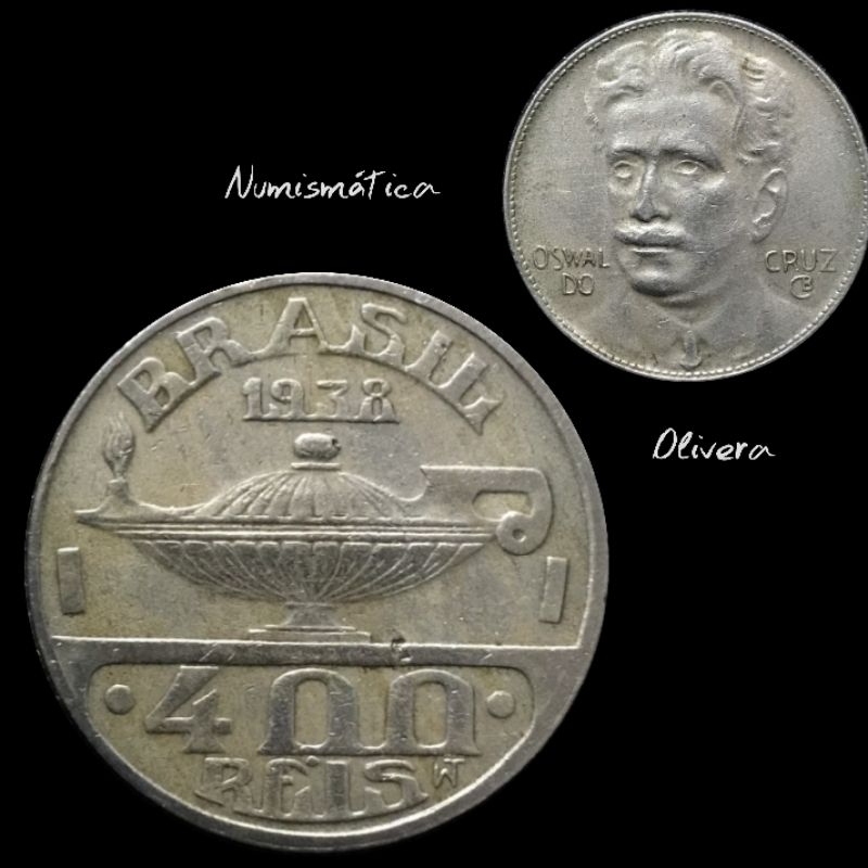 Moeda antiga Brasil 400 réis 1938. Oswaldo Cruz