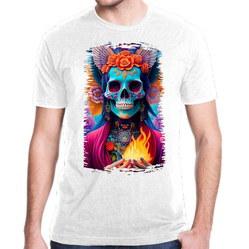 Camiseta Baby Look Raglan Feminina ou Camiseta Raglan Unissex Estampa Caveira Mexicana La Catrina 07