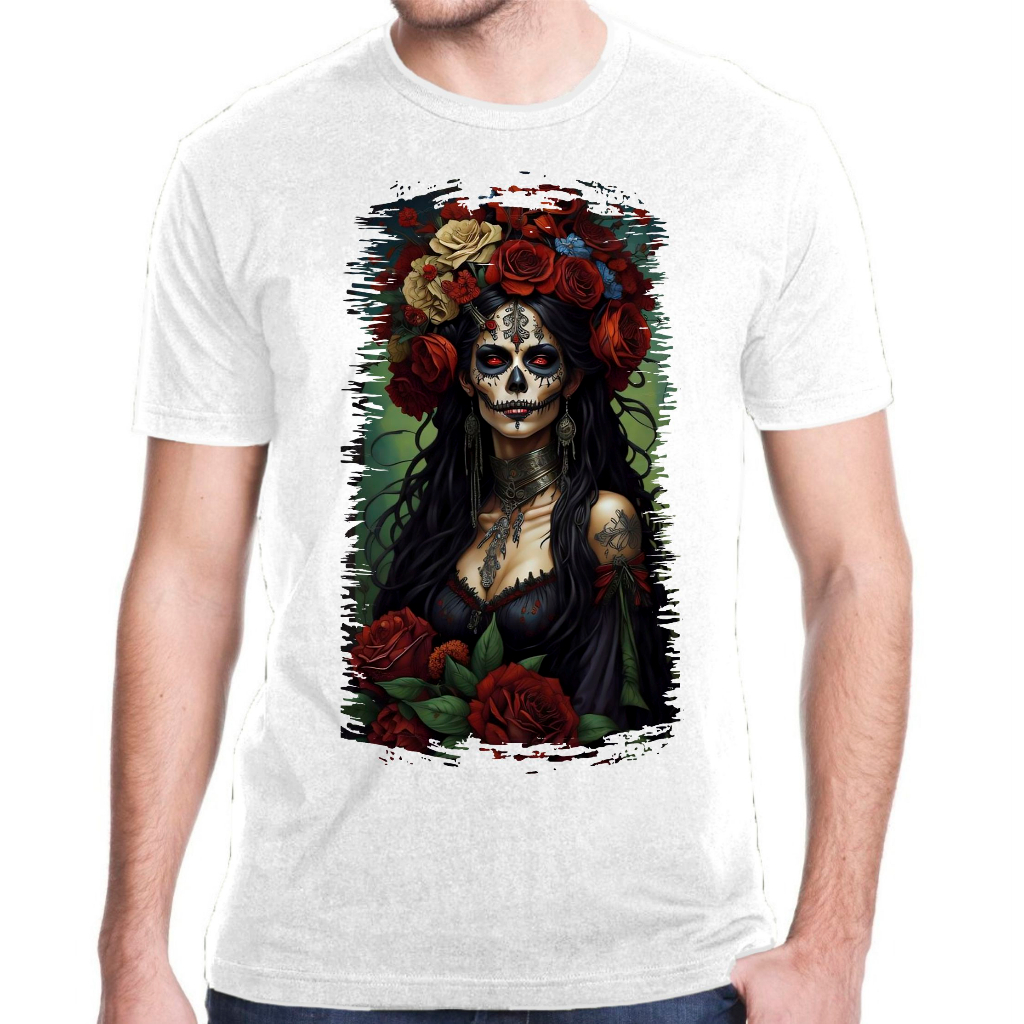 Camiseta Baby Look Raglan Feminina ou Camiseta Raglan Unissex Estampa Caveira Mexicana La Catrina 08