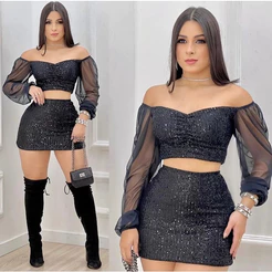 Cropped Brilho Paete Manga Longa Tule Bufante Poá Decote Franzido Lantejoula Festa Balada Feminino Gringa Paetê