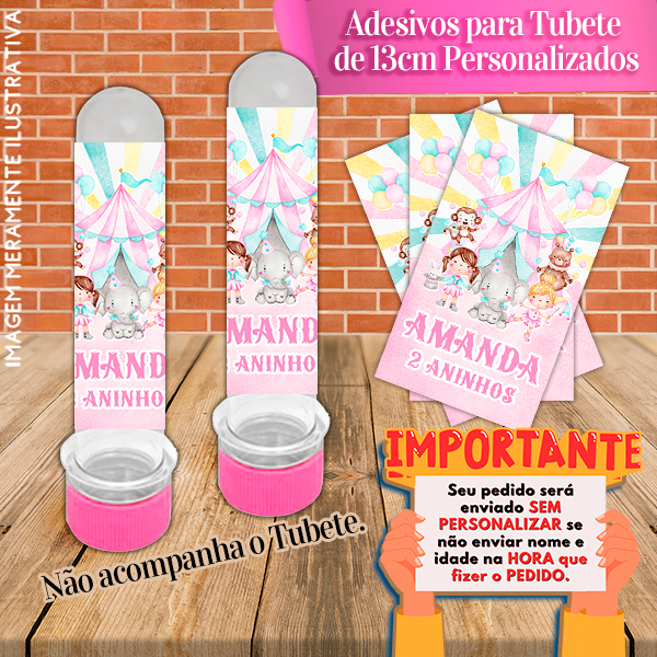 Rótulos adesivos para tubetes de 13 cm Personalizados Circo Rosa Aquarelado