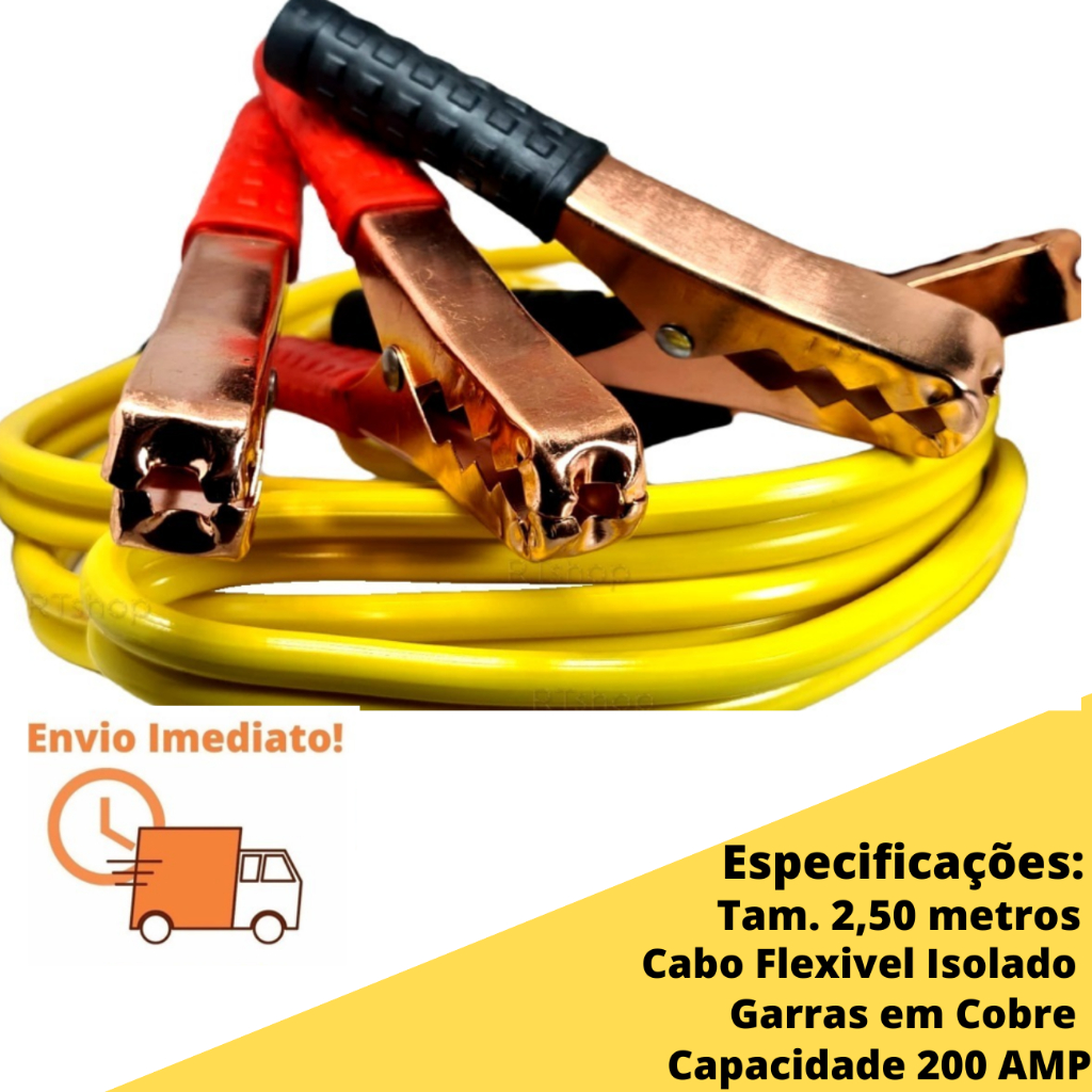 Cabo de Chupeta Para bateria de Carro Carregador Carga Bateria Carro 2,5m 200AMP