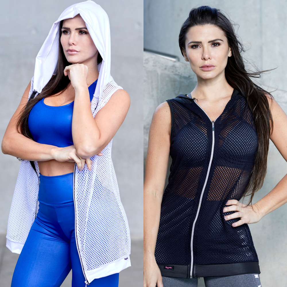 Colete Feminino em Tela com detalhes comprido para academia Estiloso com Fecho e Capuz em Oferta na Shopee