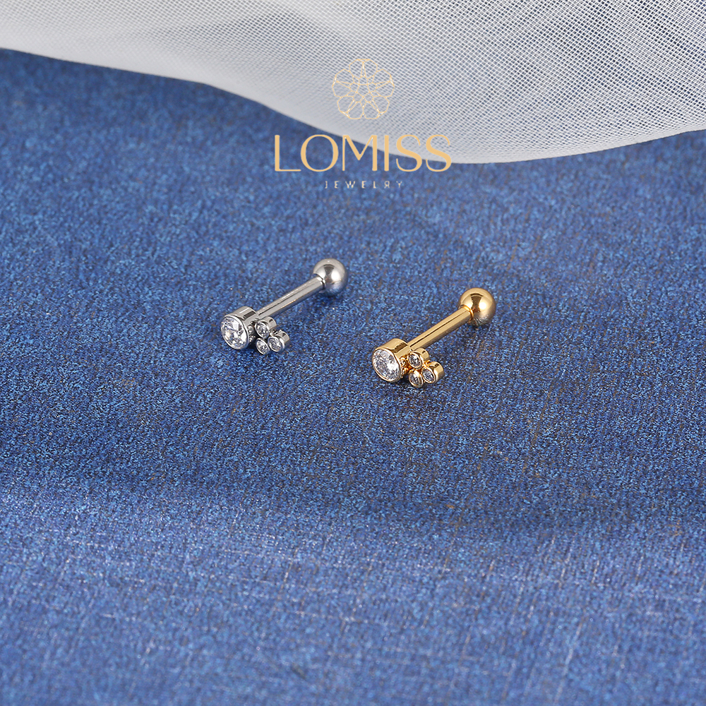 Piercing Helix Flat Conch Tragus Lóbulo Minibarbell Aço Cirúrgico Pvd 4 Zircônias