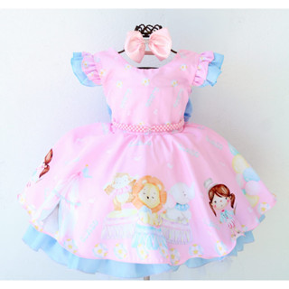 Vestido de Festa Infantil Circo Rosa Luxo e Tiara