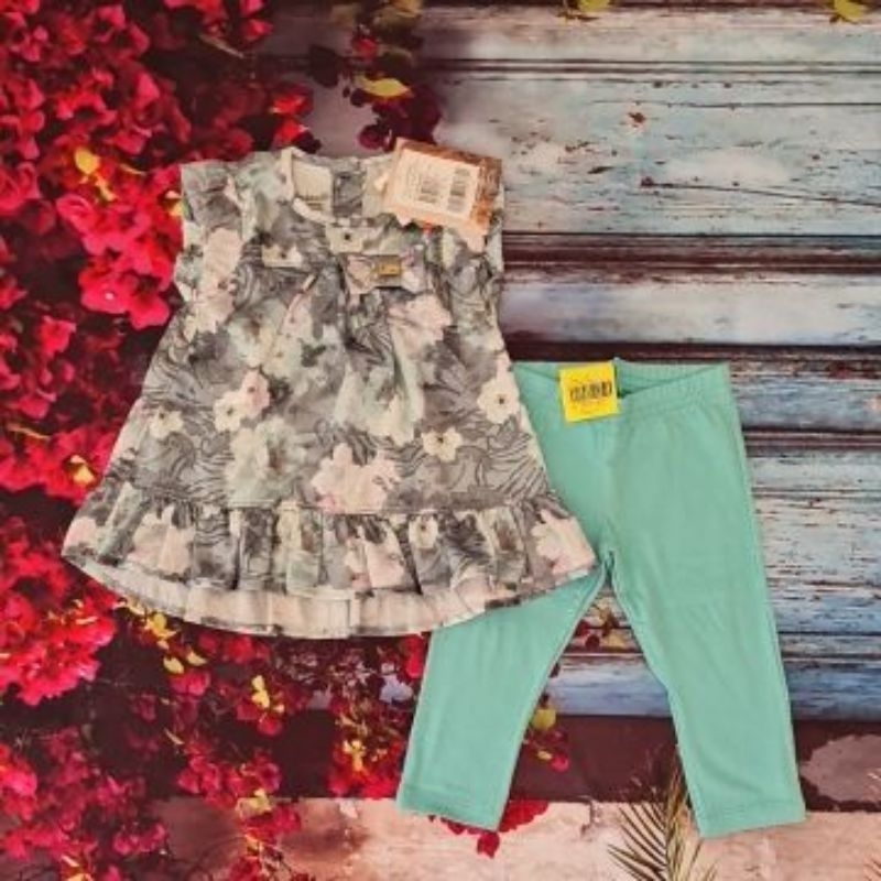 Conjunto Infantil Feminino Blusa Bata Cetim Estampada e Legging Capri Coleção Duda Bündchen - Brandili Mundi 31607.044