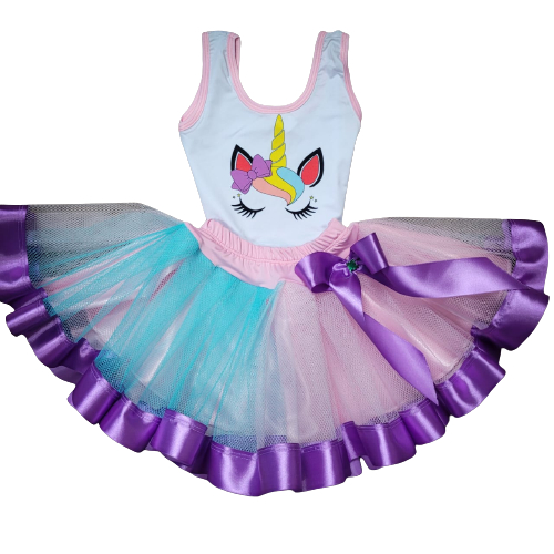 Conjunto Infantil com Body e Saia Tule Fantasia Temática de Unicórnio Colorido