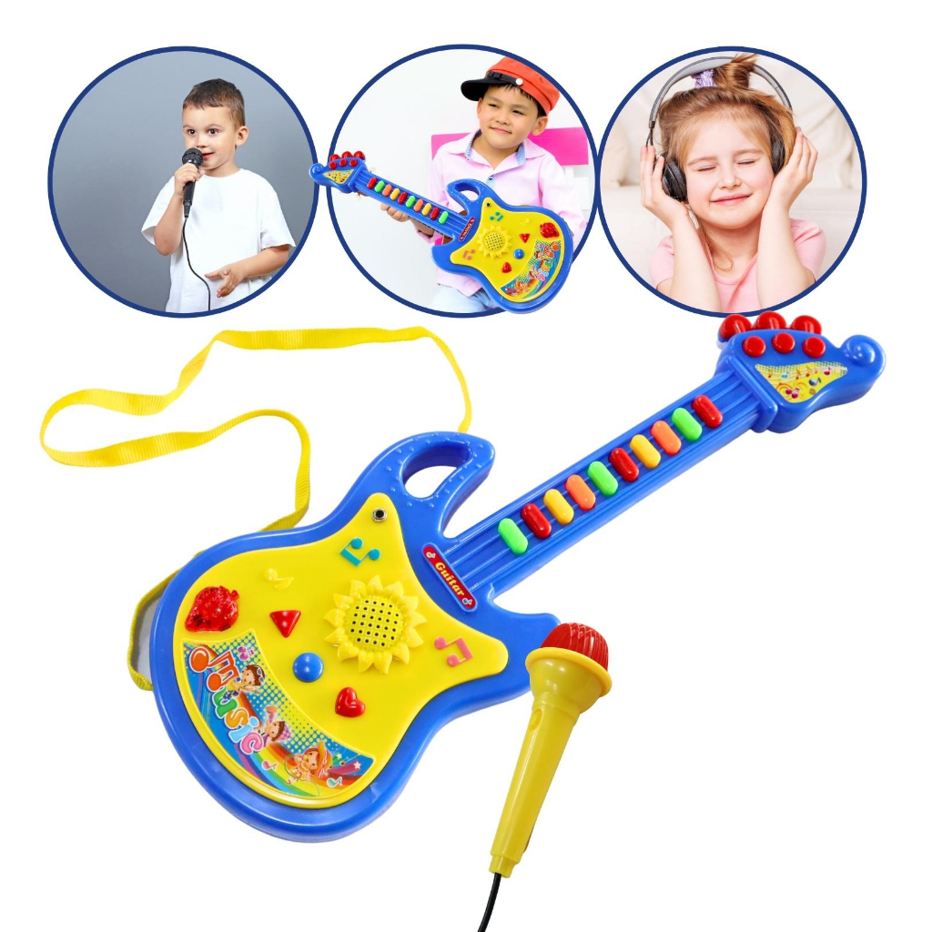 Guitarra Microfone Infantil Brinquedo Botão Cantar Voz Música Luz Show Crianças bebês