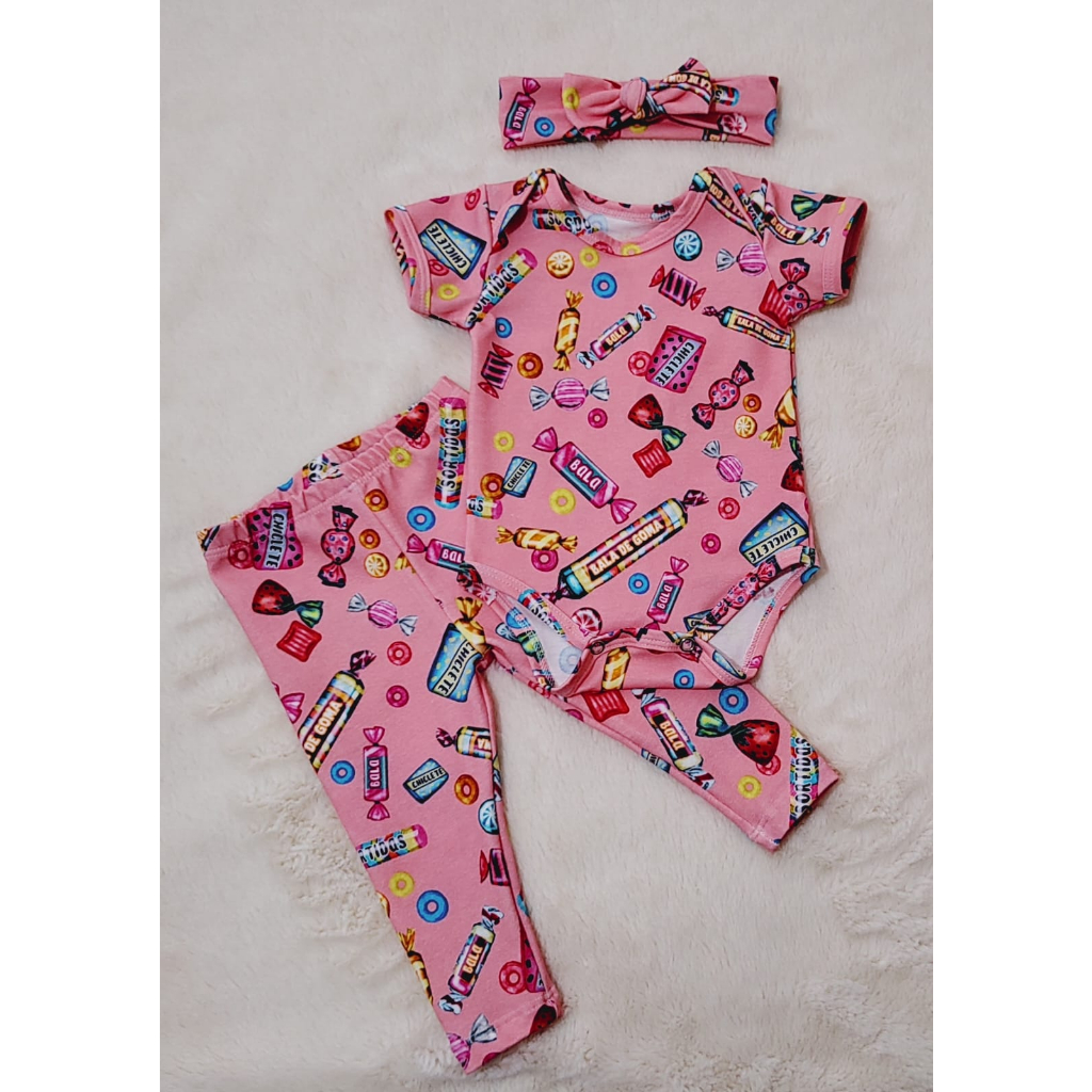 Conjunto Roupa Bebe Menina em Cotton - Body ou Blusa Manga Curta + Calça Legging + Laço Faixa de Cabelo Sortidos Varias opções de estampas Outono Inverno