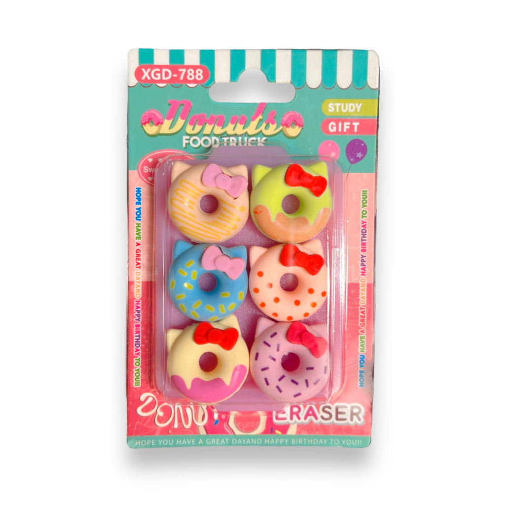 Kit com 6 Borrachinhas/borracha fofa/kawaii/bandeja/Donut/gatinho/menina/Hello kitty/Material escolar- Unidade