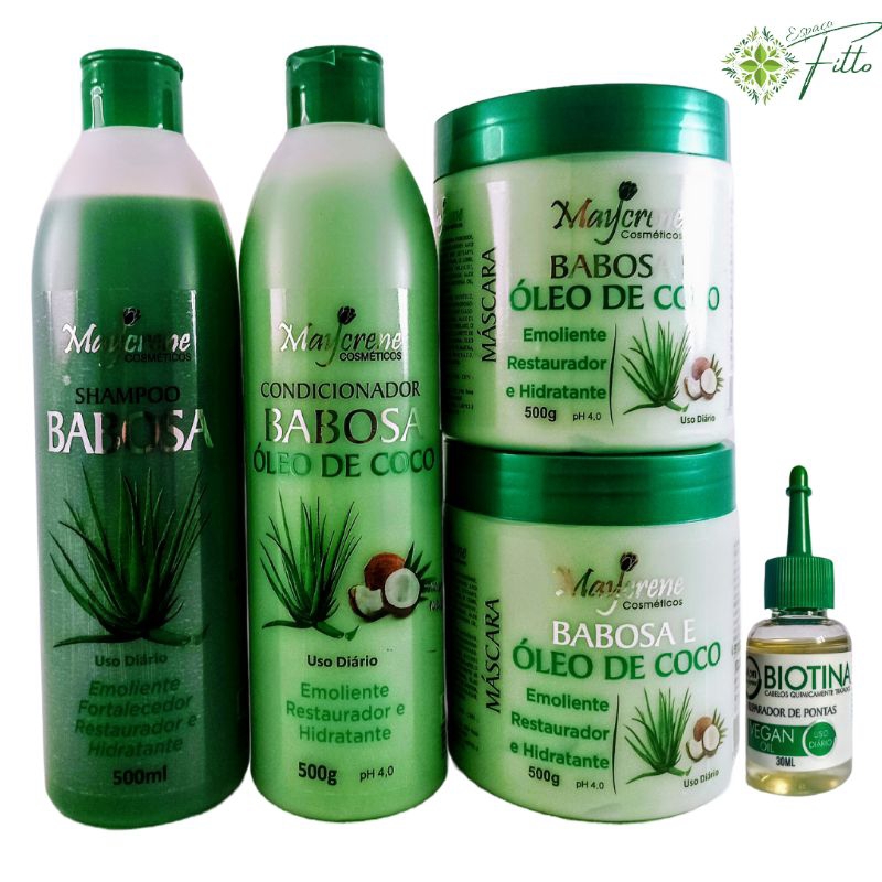 kit Babosa e óleo de Coco 1Shamp+1Cond+ 2 Másc + Òleo Biotina Maycrene em Oferta na Shopee