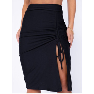 Saia Midi Feminina Saia com Fenda Frontal Tecido Suplex Super na Moda