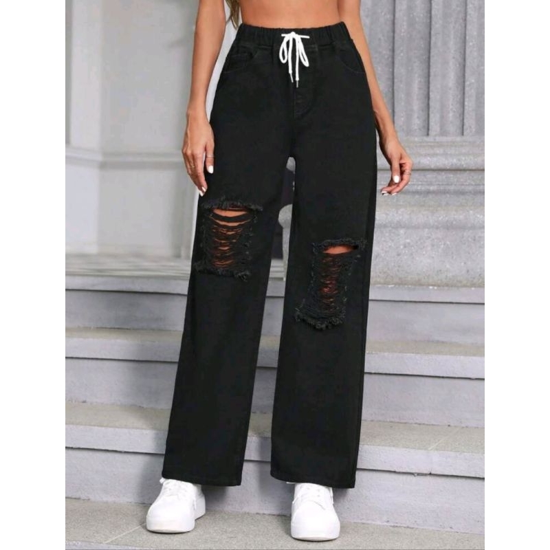 Calça Jeans Feminina Preta Reta Destroyed Cintura Alta Estilo Street