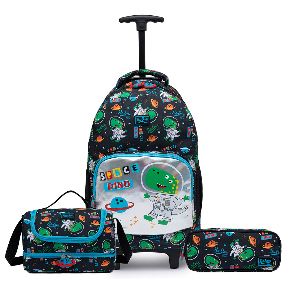 Mochila Infantil De Rodinha Kit Escolar Dino Lancheira Térmica Estojo Organizador Menino M...
