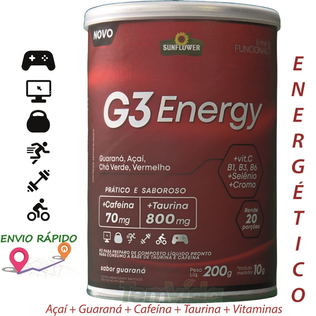 G3 Energy 200g Energético Açaí e Guaraná Taurina Cafeína Solúvel Sunflower