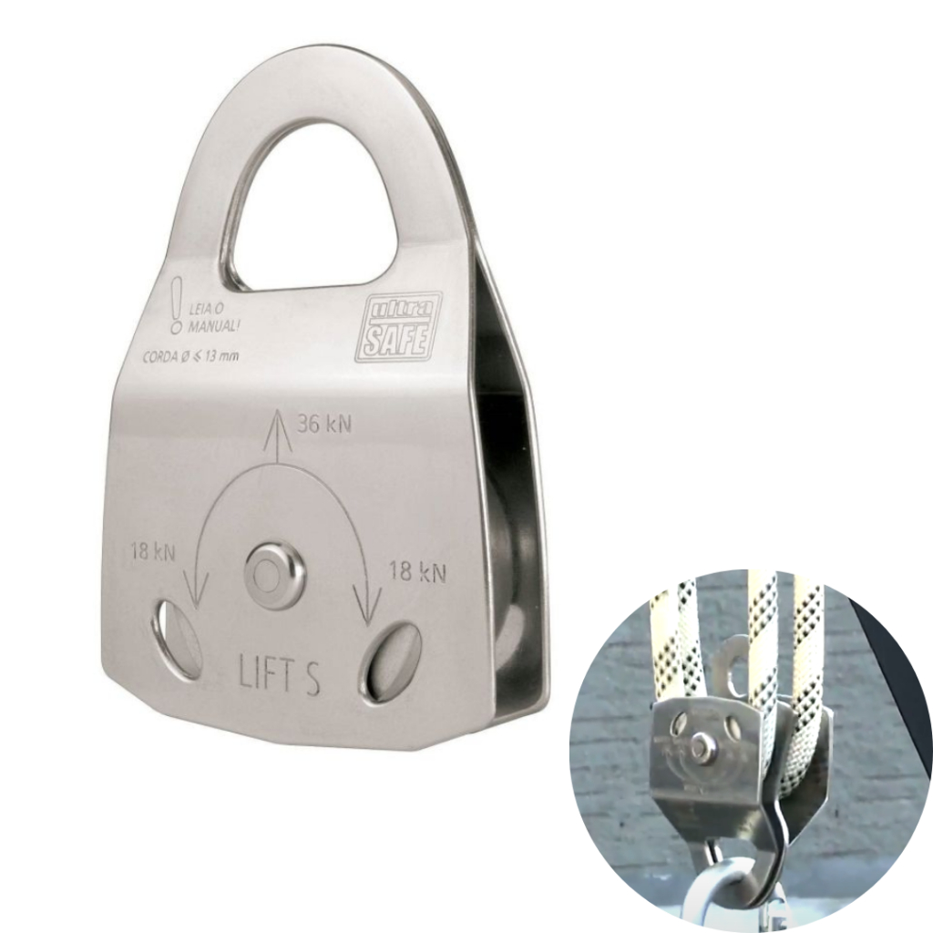 Polia Simples Aço Inox Lift S Ultra Safe para Corda Instalação Cordim Blocante para Trabalho em Altura