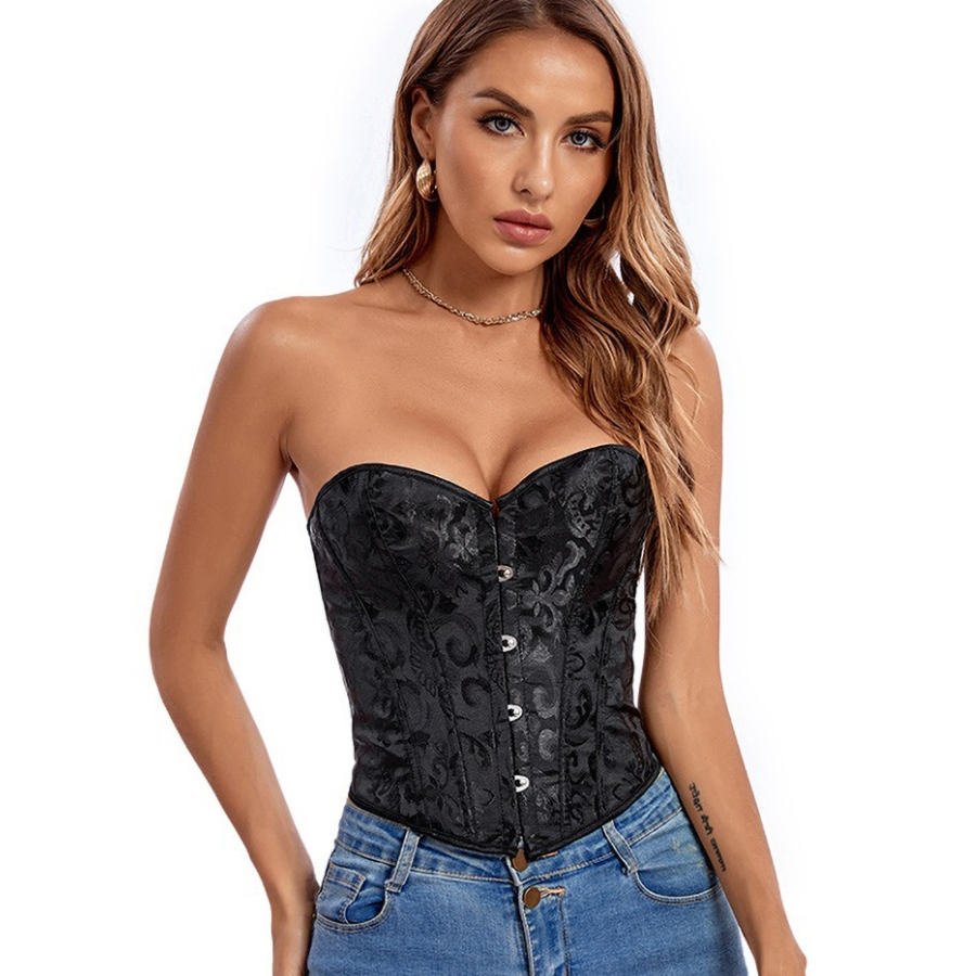 Cropped Corpete Corselet Cinta Top Modela Cintura Realça Seios Floral Preto M659