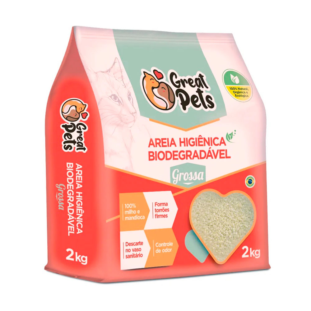 Areia Higiênica Biodegradável Para Gatos Great Pets Grossa 2kg - Pets