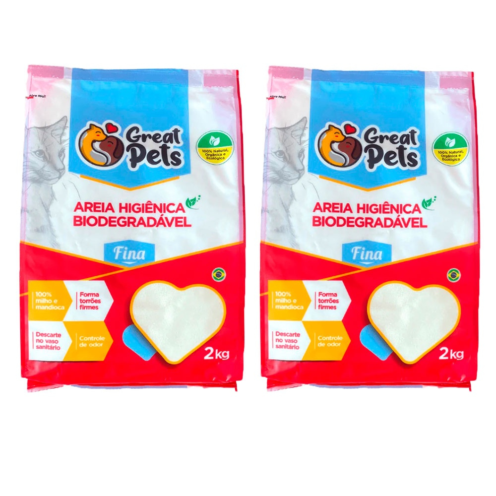 Kit 02un Areia Higiênica Biodegradável Para Gatos Great Pets Fina 2kg em Oferta na Shopee