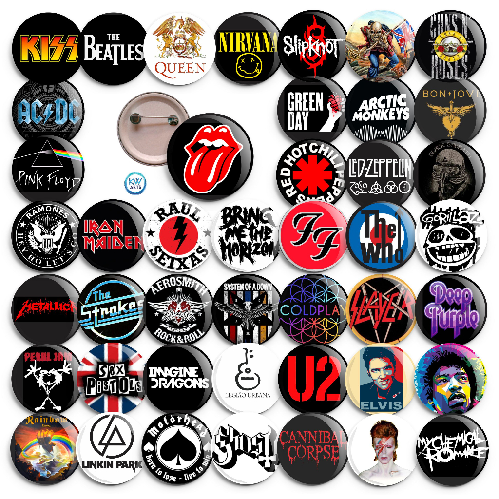 Kit 10 Botons 3,5 cm Bandas Rock - Botton - Broche - Roling Stones - Irom Maiden - Queen - Beatles - Nirvana