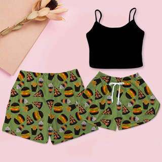 Kit Pijama de Casal Amor Para Dormir Cropped Preto Pizza + Shorts Samba Canção