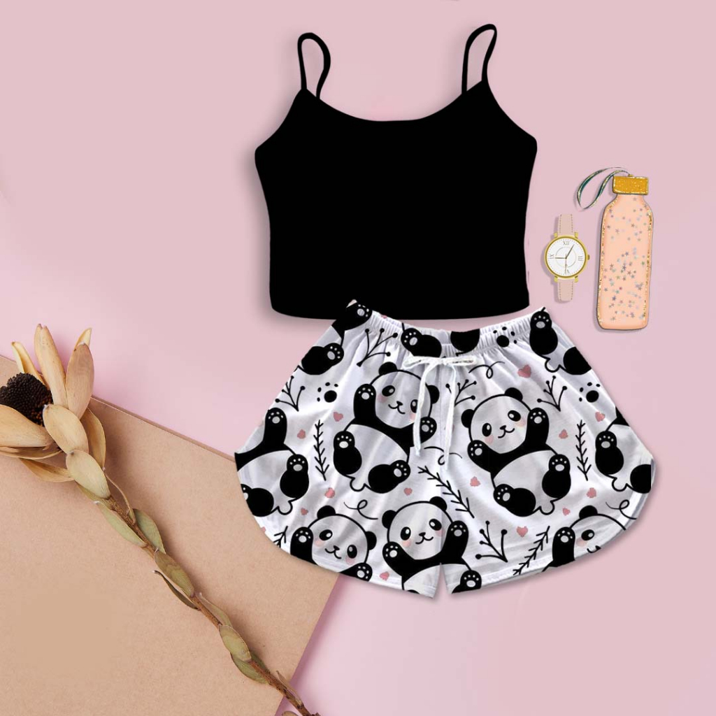 Pijama Conjunto Feminino Baby Doll Cropped Preto Panda Preto