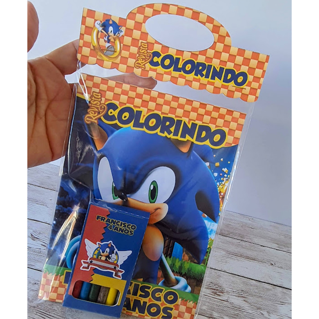 10 Unidades Kit Colorir Giz De Cera Lembrancinha Infantil Tema Masculino Menino Sonic Outros