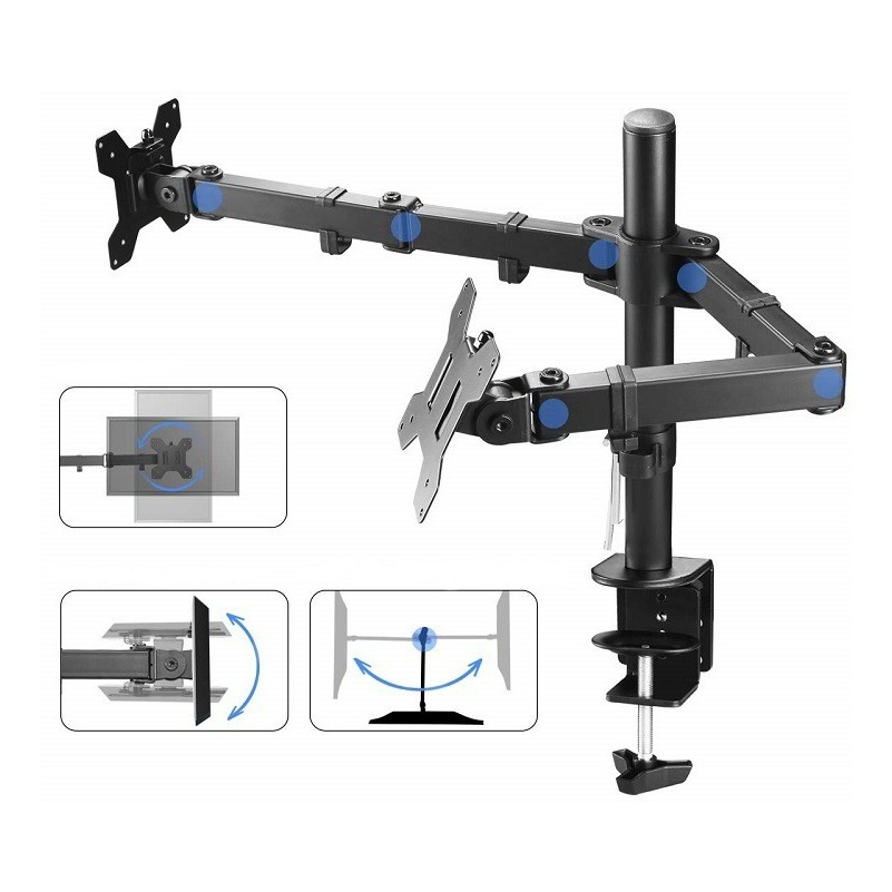 suporte de 2 monitor ou tv de mesa articulado em aço com parafusos instalação ajuste altura profundidade padrão vesa black friday promoção