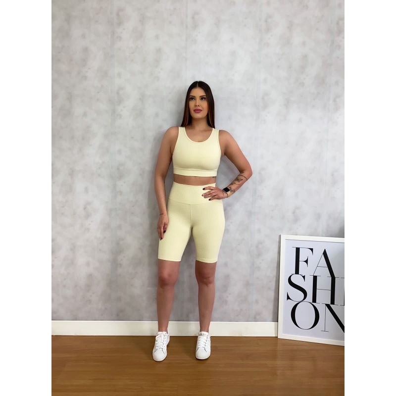 conjunto fitness top e bermuda em lycra texturizada Jacquard