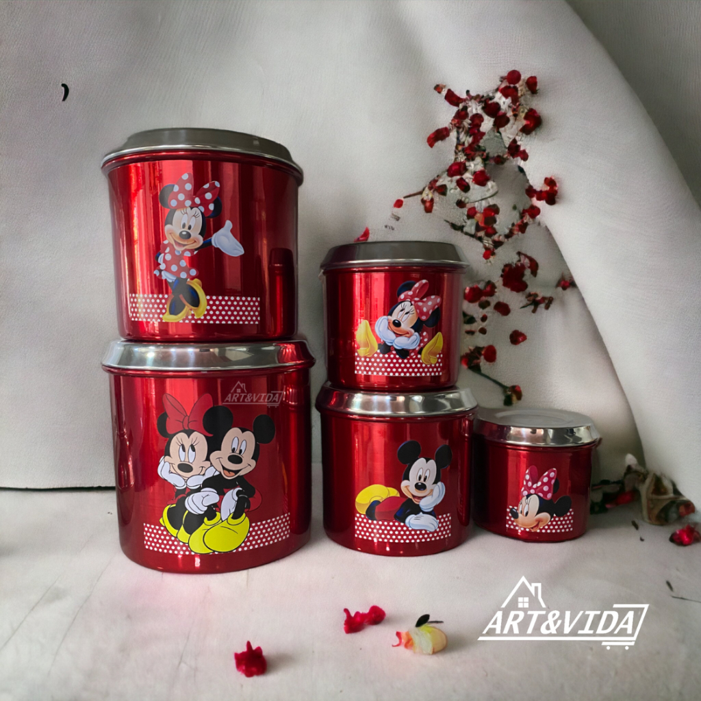 Jogo de Mantimentos Decorado com Mickey e Minnie da Disney - Inclui 5 Potes de Alumínio de 5L, 4L, 2,7L, 1,9L e 1,2L - Disponível em Vermelho, Preto, Branco, Rosa Claro, Rosa Escuro - Resistente e Ideal para Armazenar Arroz, Feijão, Açúcar, Condimentos