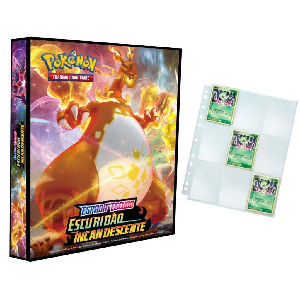 Álbum Pasta Fichário Pokemon com 10 Folhas YES 9 Bolsos Espadas e Escudos Escuridão Incandescente