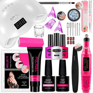 Kit Unhas em Poligel Molde F1 Alongamento Polygel Cabine Sun Secadora Unhas Esmaltes + Lixa Lixadeira Motor Elétrica