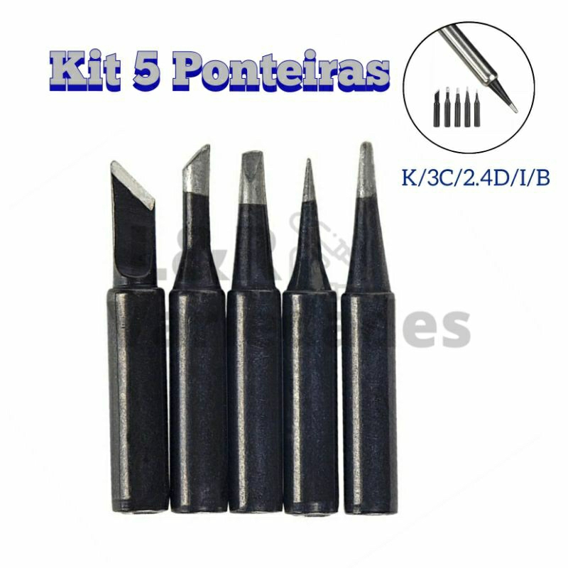 Ponteiras Para Estação Ferro de Solda Kit 5 Pontas Cor Preta Modelos K/3C/2.4D/I/B