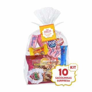 kit 10 Sacolinha Surpresa Para Festas e Aniversário Saquinho Com 10 Doces + Tag Grátis e Brinquedo