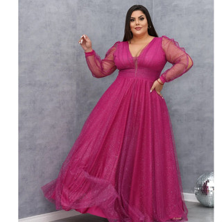 Vestido de Festa Plus Size Fucsia Manga Longa Madrinha Casamento
