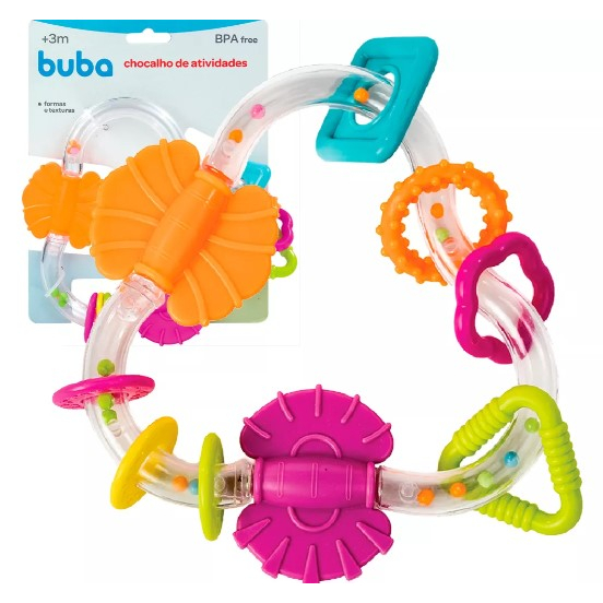 Chocalho Mordedor Infantil de Atividades Sensorial Colorido Bebê Buba
