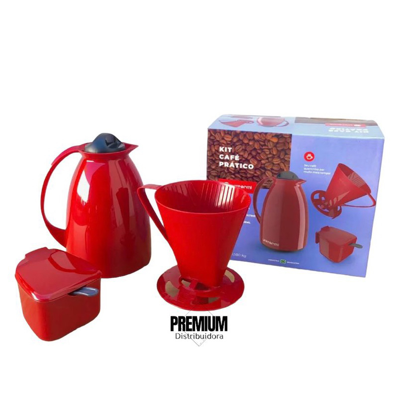 KIT PRÁTICO PARA CAFÉ, GARRAFA TÉRMICA + AÇUCAREIRO + SUPORTE FILTRO UNITERMI VÁRIAS CORES