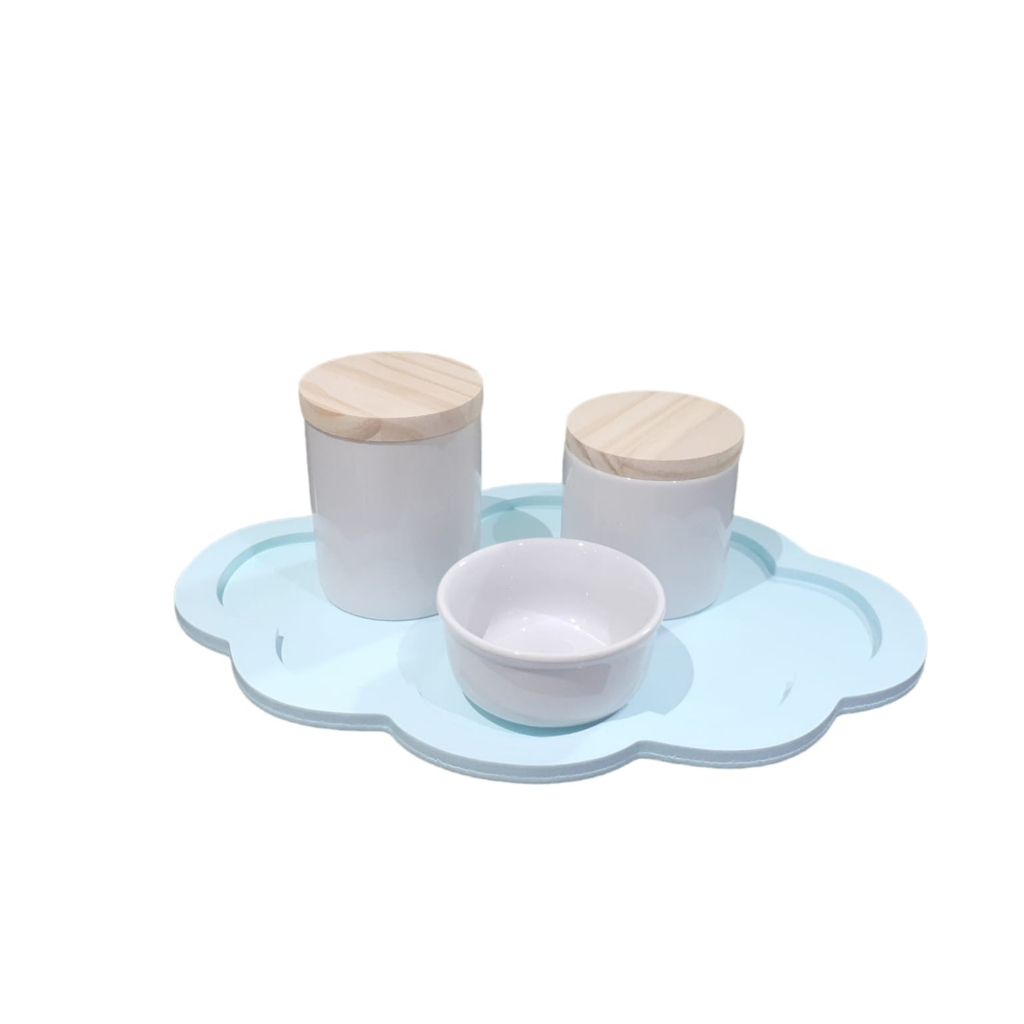 Kit higiene Bebê porcelana potes molhadeira bandeja nuvem verde  maternidade menino menina porta algodão cotonete
