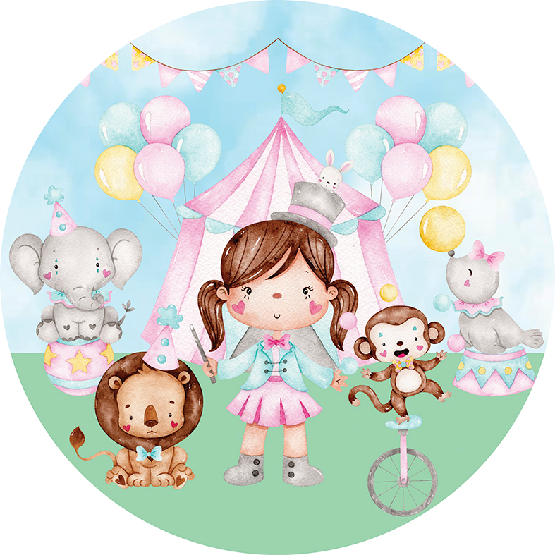Capa para painel de Festa Redondo 1,50 mts Malha Sublimado Circo Verde Palhacinha animais tenda rosa