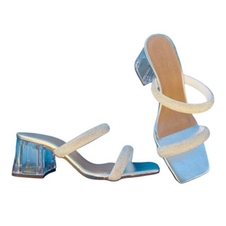 Sandália feminina tamanco salto bloco médio cristal transparente strass brilho