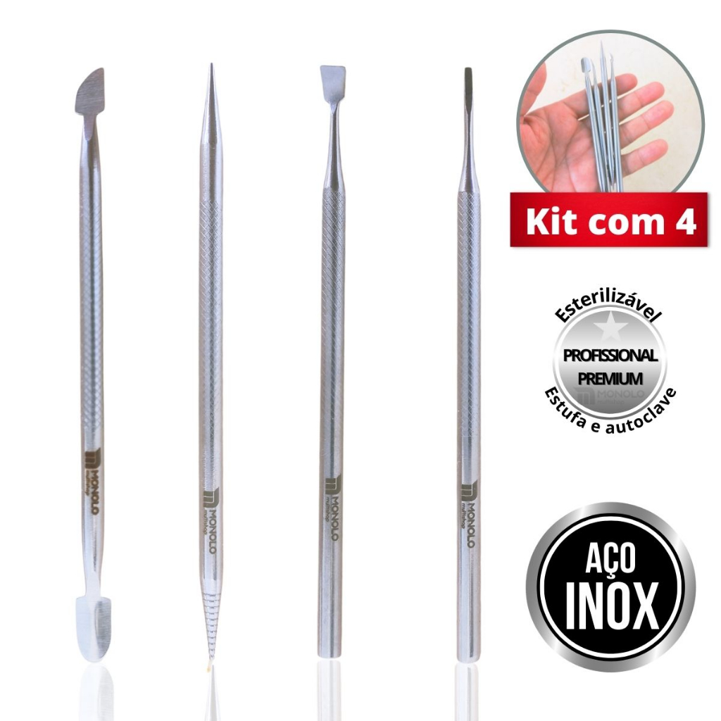 Kit Espátula + Palito + Desencravador + Raspador Manicure Unha Cutícula Podologa Inox Profissional